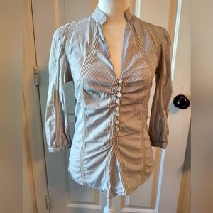 Women's Light Grey Blouse with Navy, White and Cream Colored Pin Stripes
